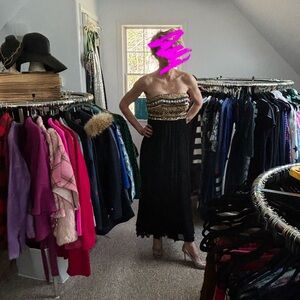 Jovani Black Strapless Gown with Gold Beaded Bodice